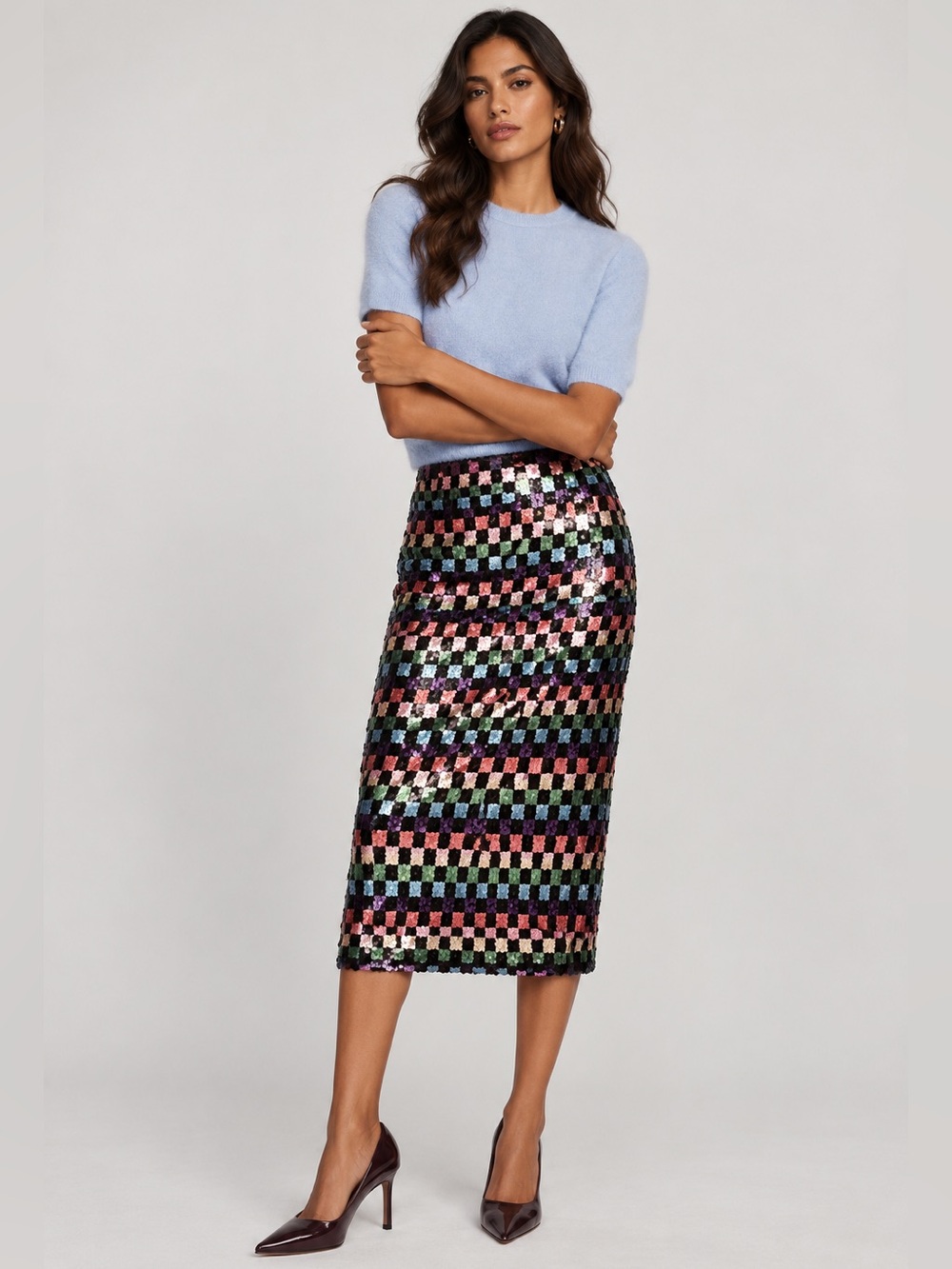 NWT Buru Checkered Knit Sequin Pencil Mod Midi Skirt Black Party Sz XS